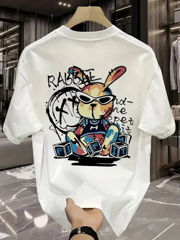 Güneş Gözlüğü Grafikli Karikatür Tavşan Oversize Kısa Kollu Tişört Çift Tişört, İlkbahar Ve Yaz - Beyaz