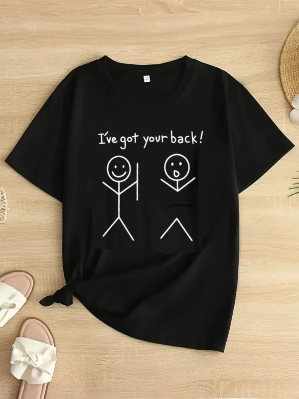 Kadın Beyaz "I've Got Your Back" Grafik Tişört - Eğlenceli Çubuk Tasarımlı Oversize Günlük Kısa Kollu Tişört, Polyester Örgü, Yuvarlak Yaka, İlkbahar ve Yaz için Mükemmel, Günlük Giyim Tişört | Eğlenceli Tasarım | Polyester Kumaş- Siyah