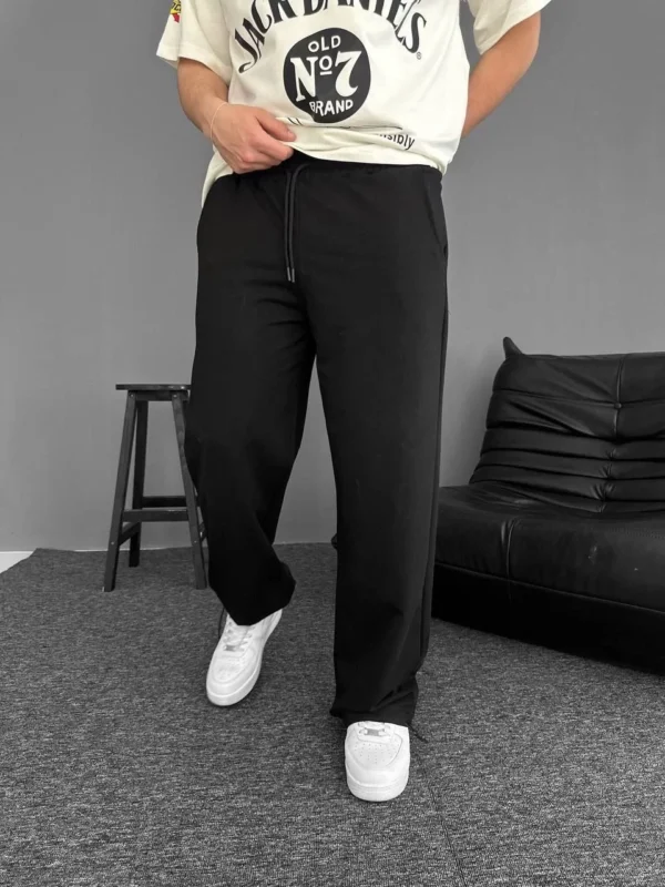 İki İplik Kumaş Beli Lastikli Boru Paça Baggy Alt Esofman - Siyah