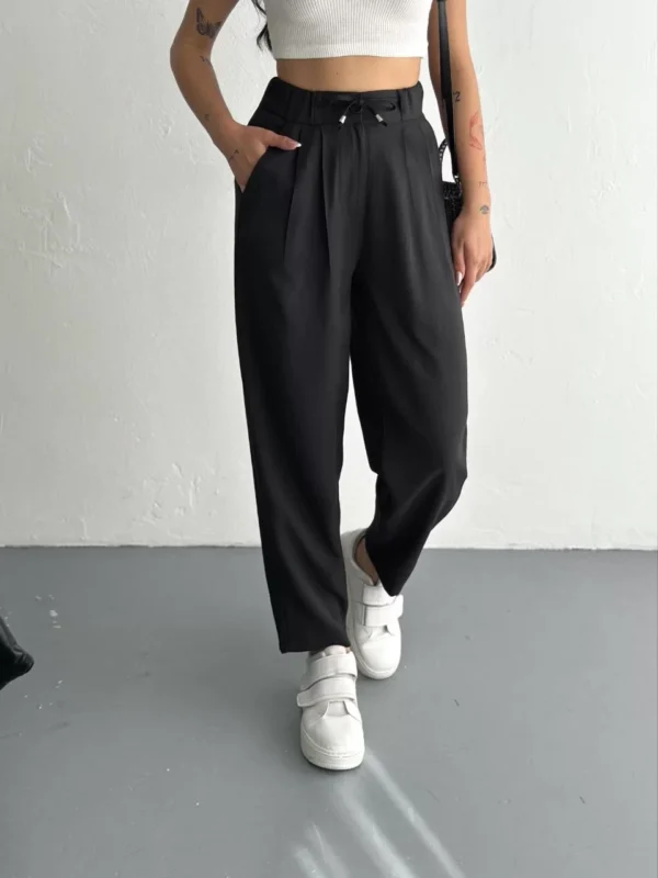 Kadın Yüksel Bel Beli Bağcıklı Rahat Cepli Boru Paça Pantalon - Siyah