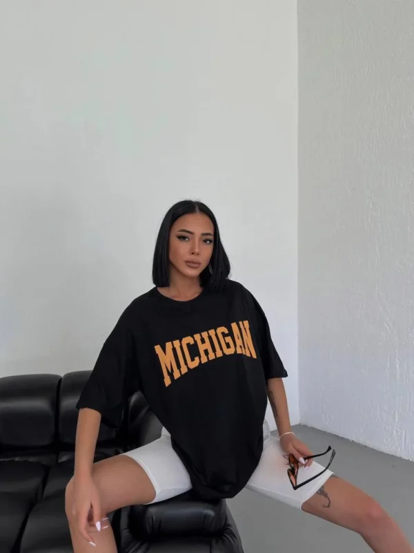 Unisex Bisiklet Yaka Baskılı Oversize T-Shirt - Siyah