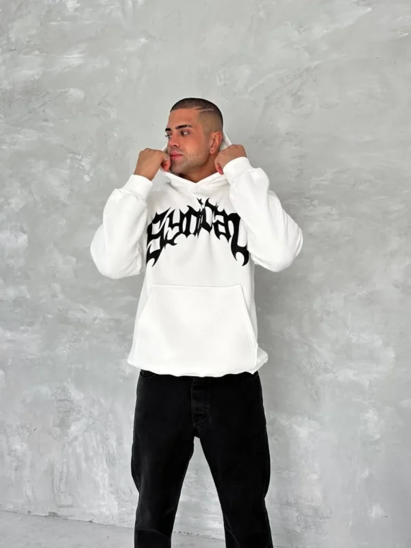 Unisex Üç İplik Kapüşonlu Baskılı SweatShirt - Beyaz