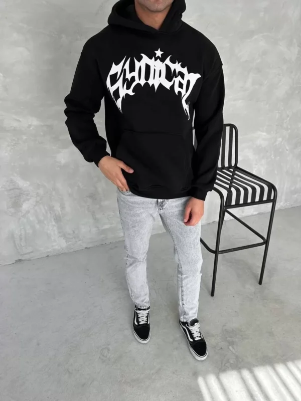 Unisex Üç İplik Kapüşonlu Baskılı SweatShirt - Siyah