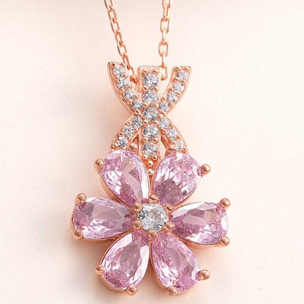 Gümüş Rose Pembe Sevgi Çiçeği Kadın Kolye